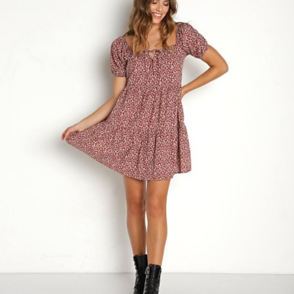 Lacausa Playa Peasant Square Neck Mini Dress in Cocoa Magic Mushroom Print NWT